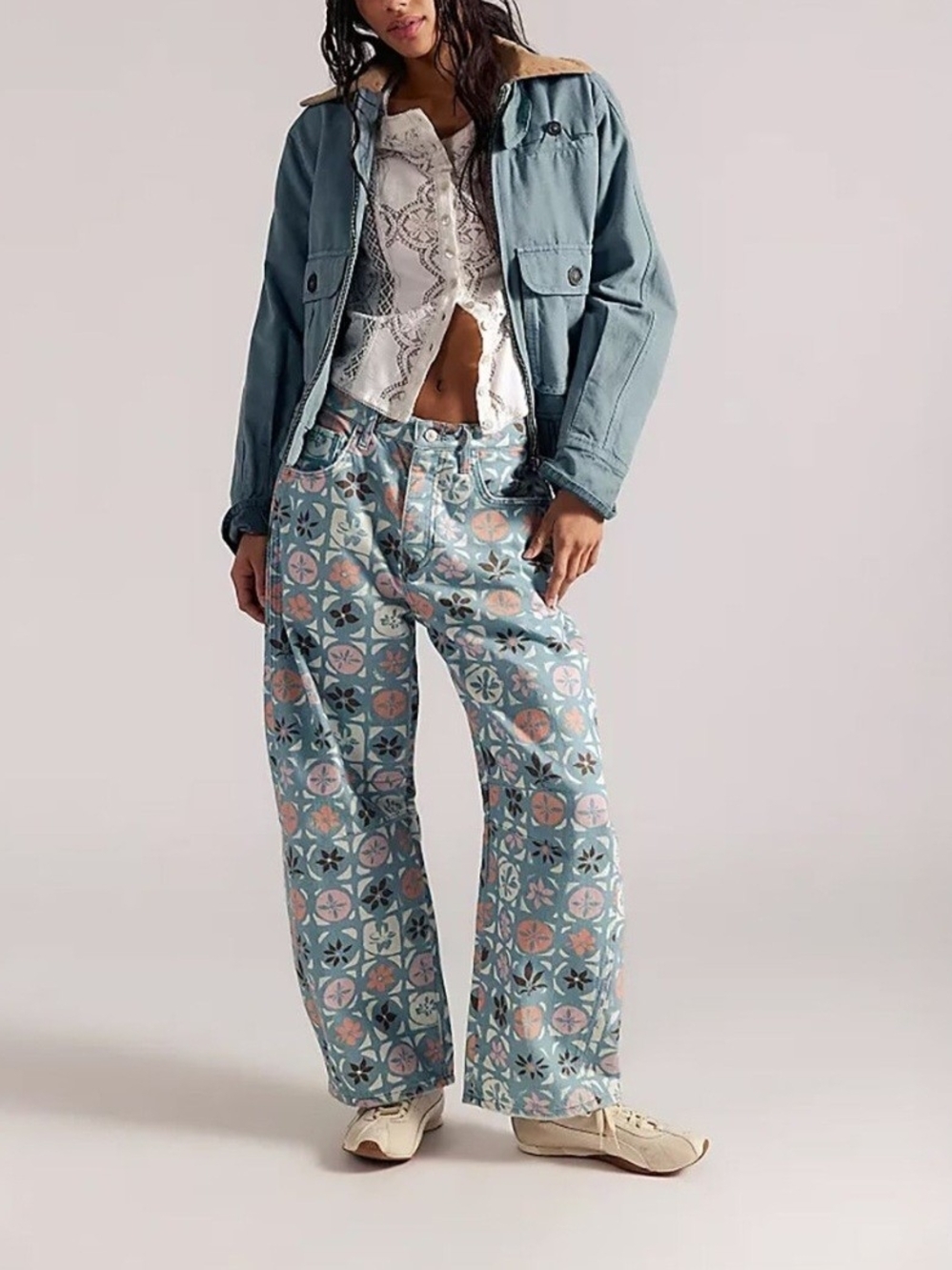 Free People Blue and Pink Floral Good Luck Barrel Jeans